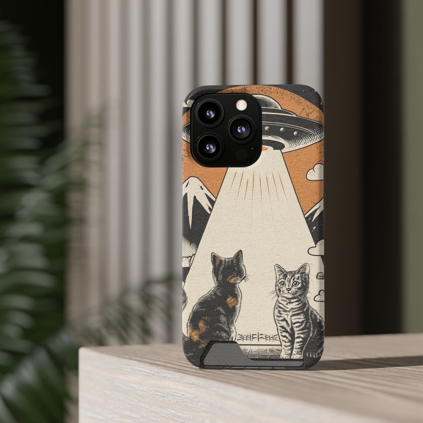 Cat UFO Phone Case with Card Holder, Trendy Cat Lover Gift, Space Theme Accessories, Unique Pet Owner Present, Cute Feline Design