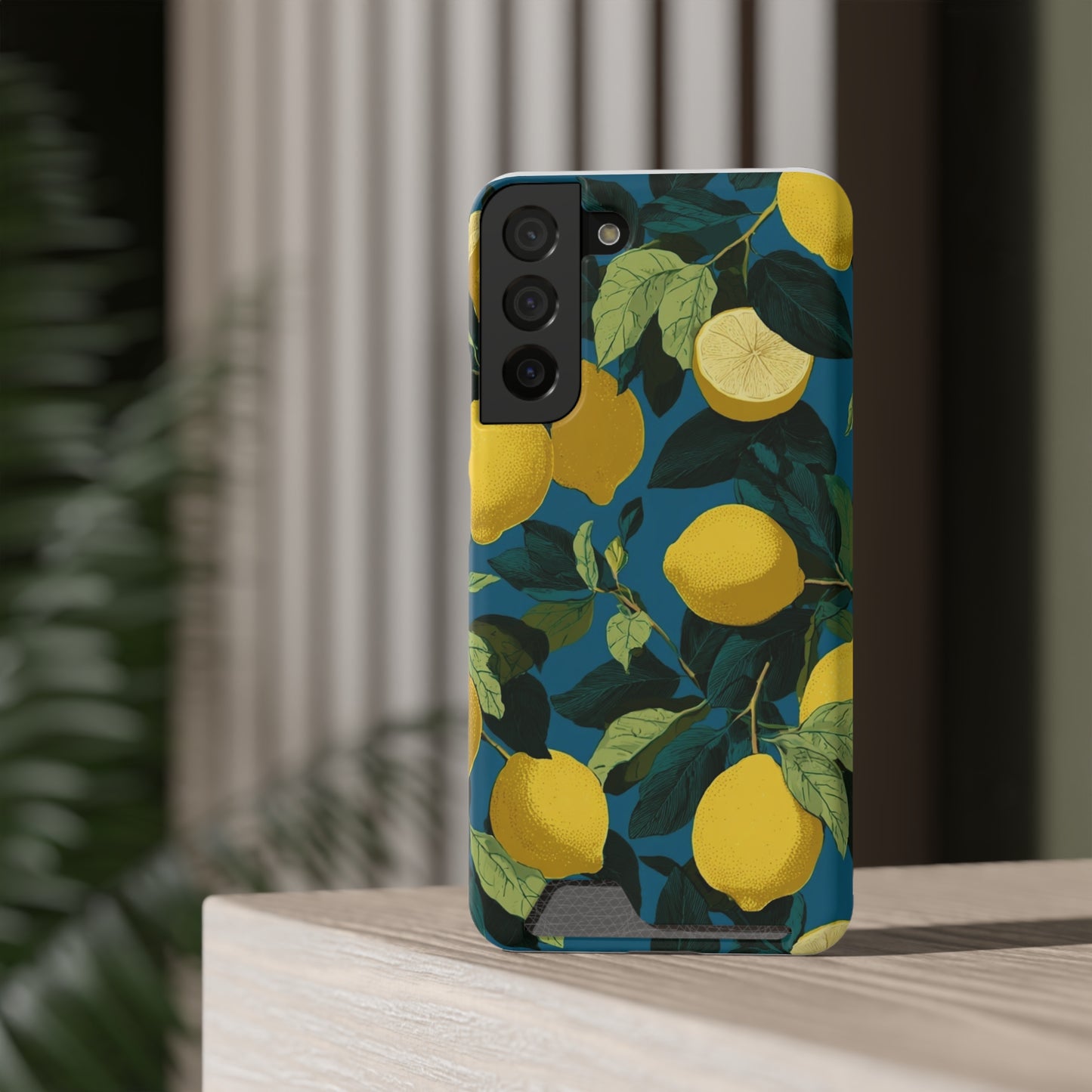 Lemon Print Phone Case with Card Holder, Chic Phone Accessory, Gift for Her, Cell Phone Cover, Summer Vibe, Floral Phone Case