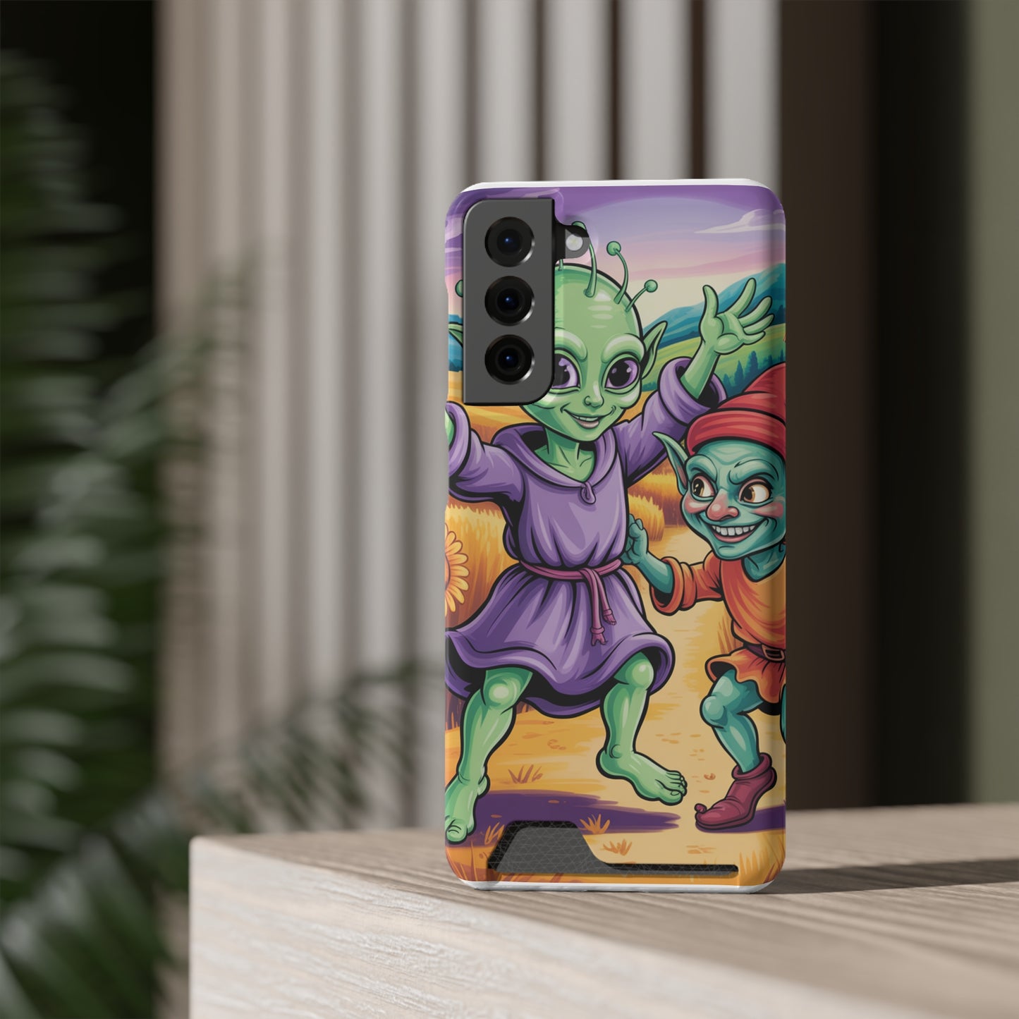 Playful Alien Phone Case with Card Holder | Cute Green Characters | Gift for Kids, Sci-Fi Fanatic, Birthday Fun, Unique Design