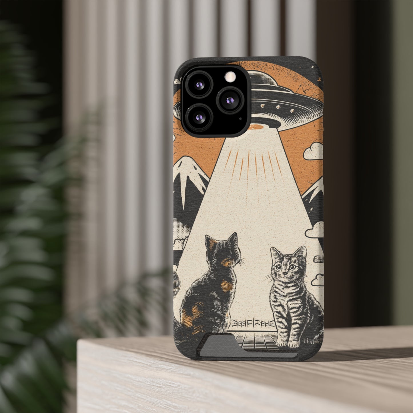 Cat UFO Phone Case with Card Holder, Trendy Cat Lover Gift, Space Theme Accessories, Unique Pet Owner Present, Cute Feline Design
