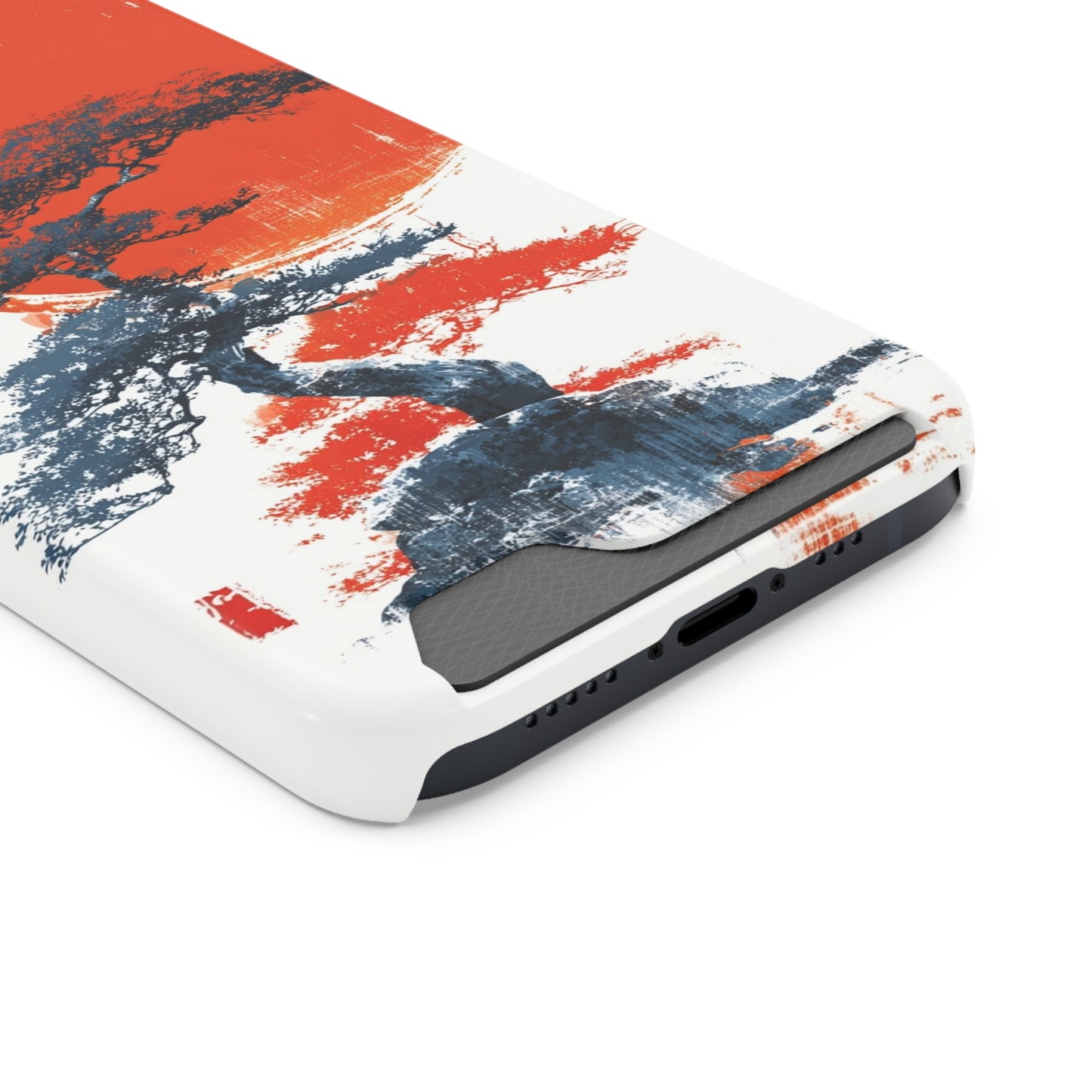 Artistic Phone Case with Card Holder, Japanese Tree Design, Minimalist Style, Perfect Gift for Nature Lovers, Functional Accessory