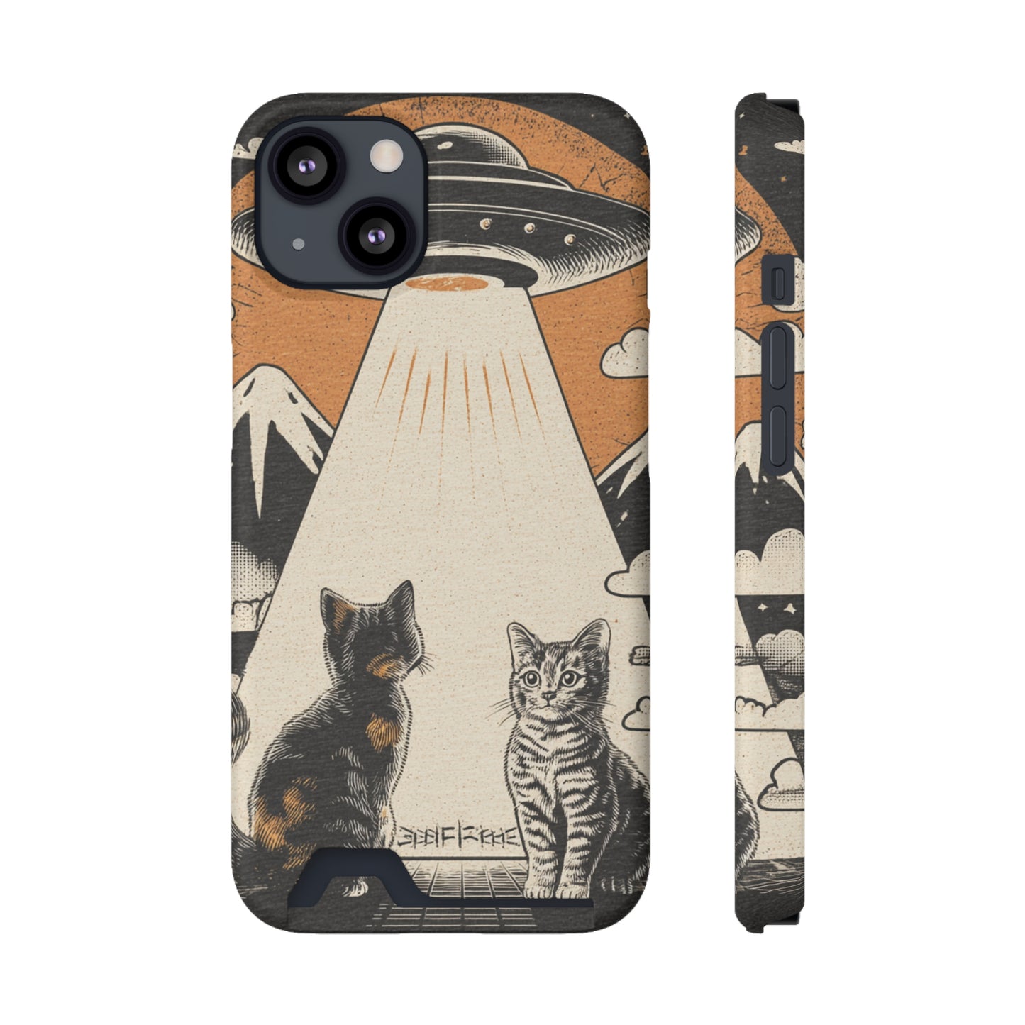 Cat UFO Phone Case with Card Holder, Trendy Cat Lover Gift, Space Theme Accessories, Unique Pet Owner Present, Cute Feline Design