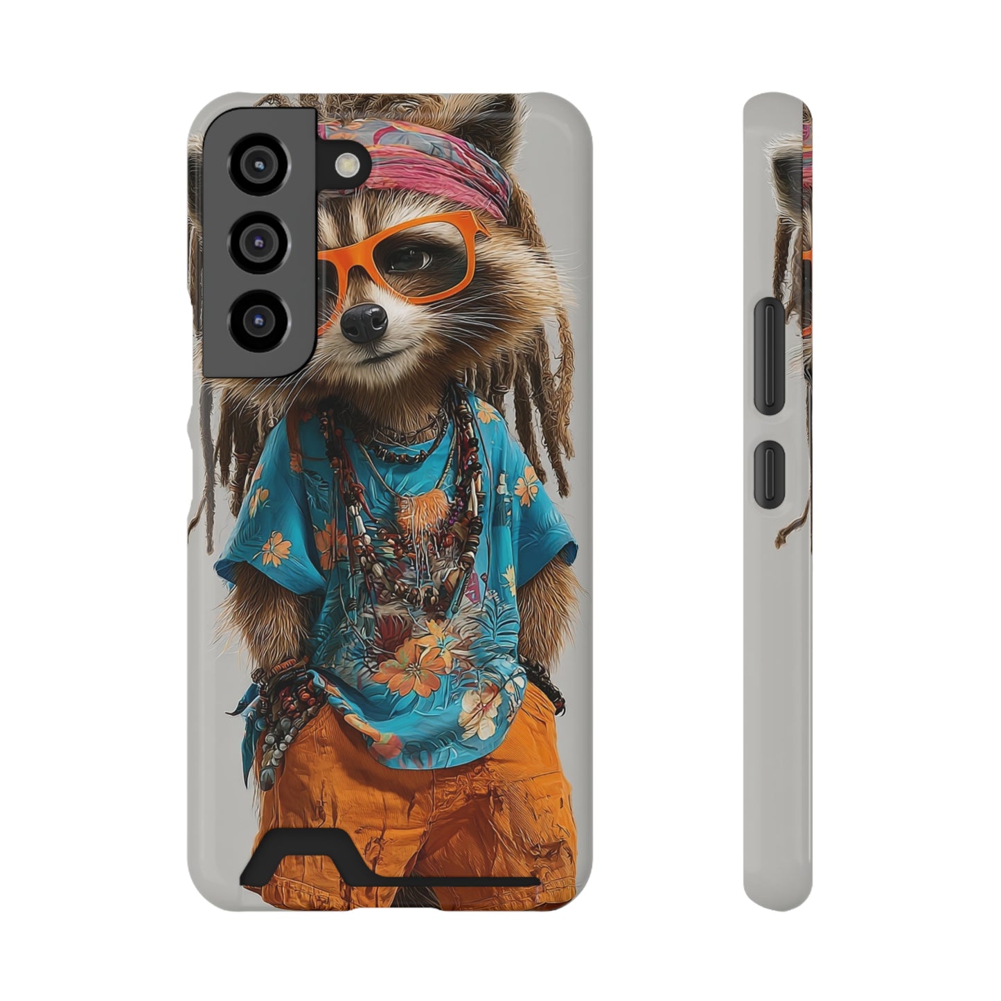 Vibrant boho-style raccoon design phone case with built-in card holder slot, slim lightweight profile