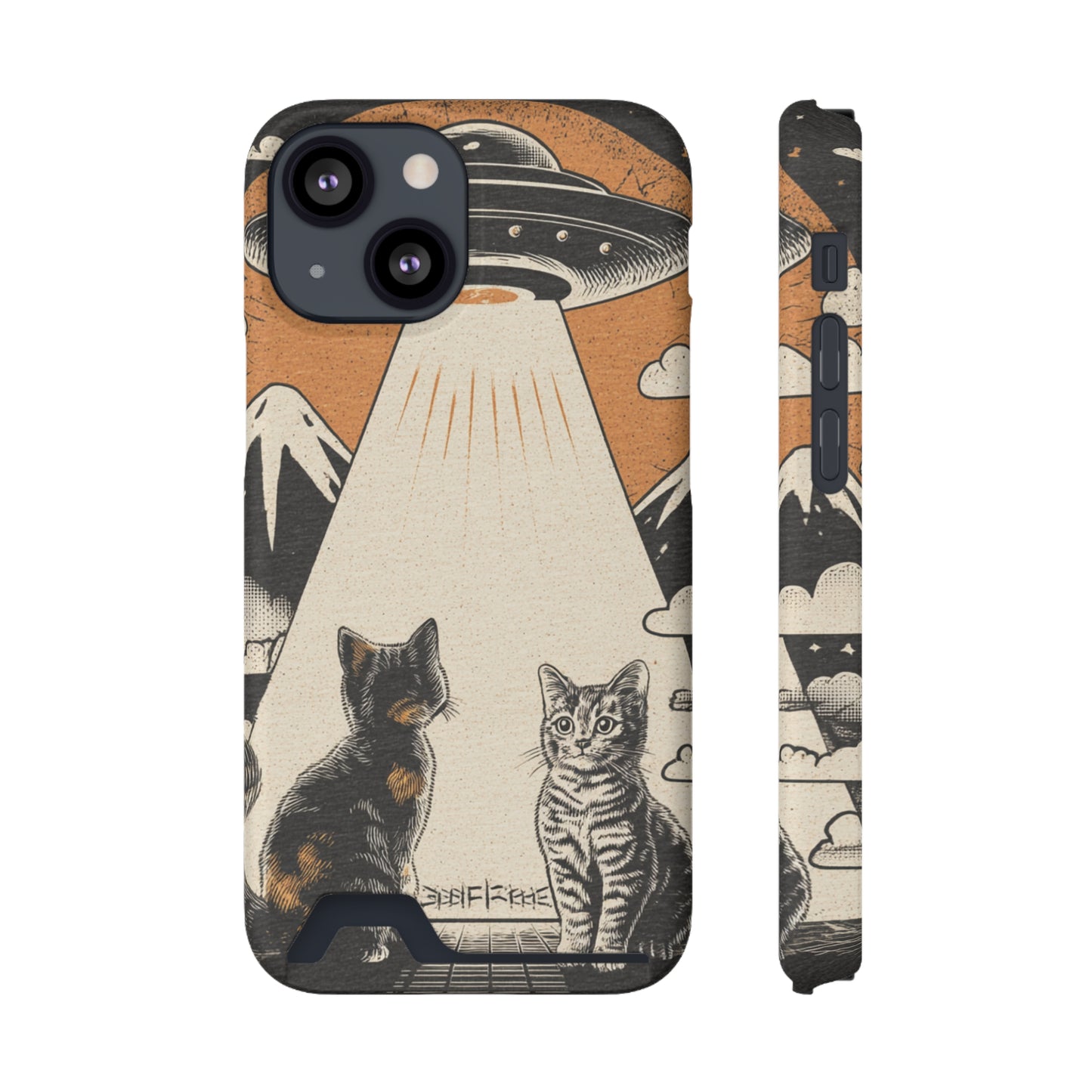 Cat UFO Phone Case with Card Holder, Trendy Cat Lover Gift, Space Theme Accessories, Unique Pet Owner Present, Cute Feline Design
