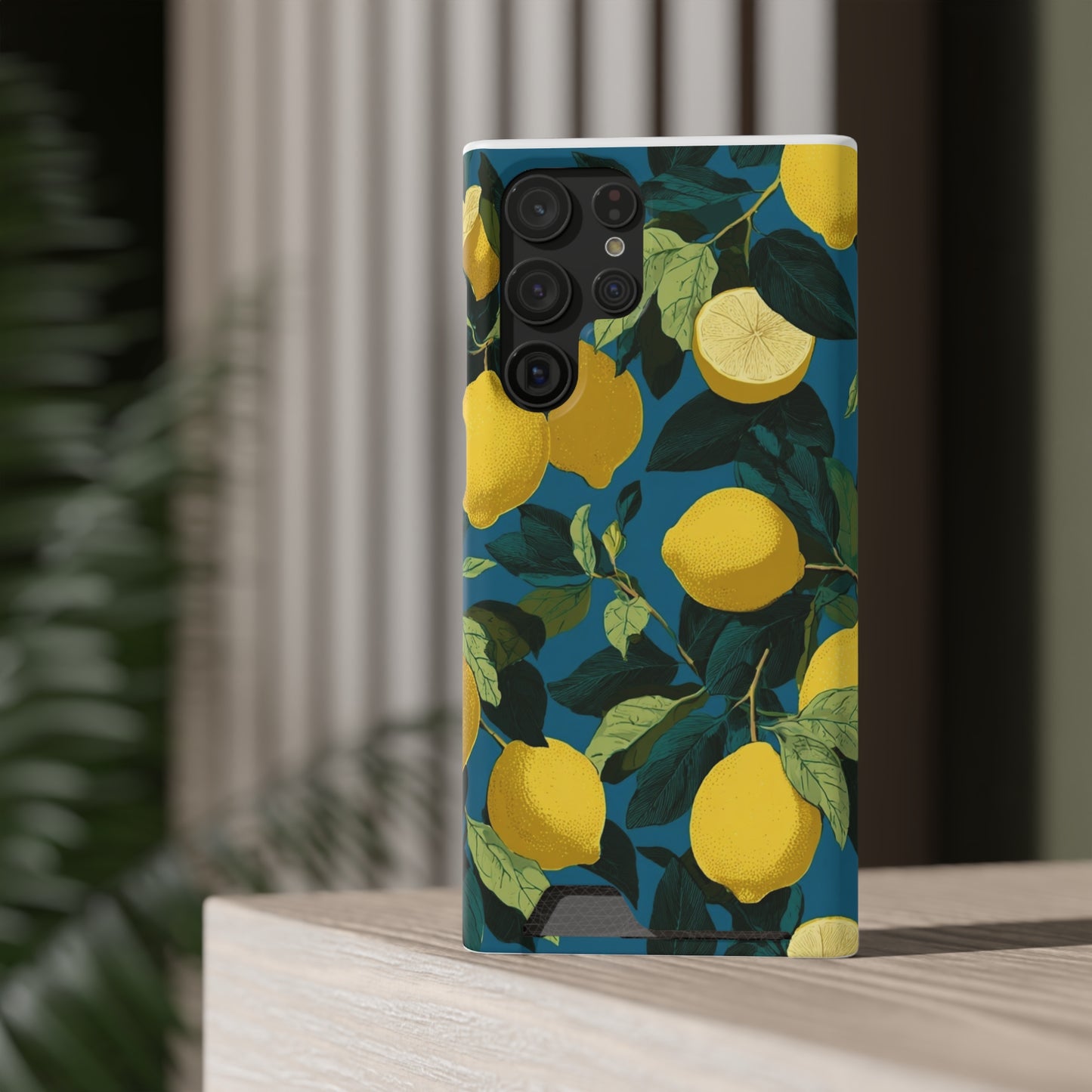 Lemon Print Phone Case with Card Holder, Chic Phone Accessory, Gift for Her, Cell Phone Cover, Summer Vibe, Floral Phone Case
