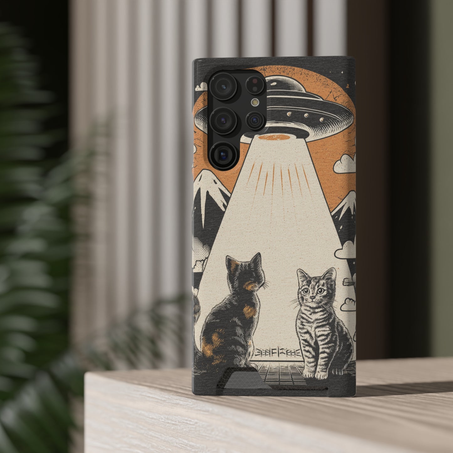 Cat UFO Phone Case with Card Holder, Trendy Cat Lover Gift, Space Theme Accessories, Unique Pet Owner Present, Cute Feline Design