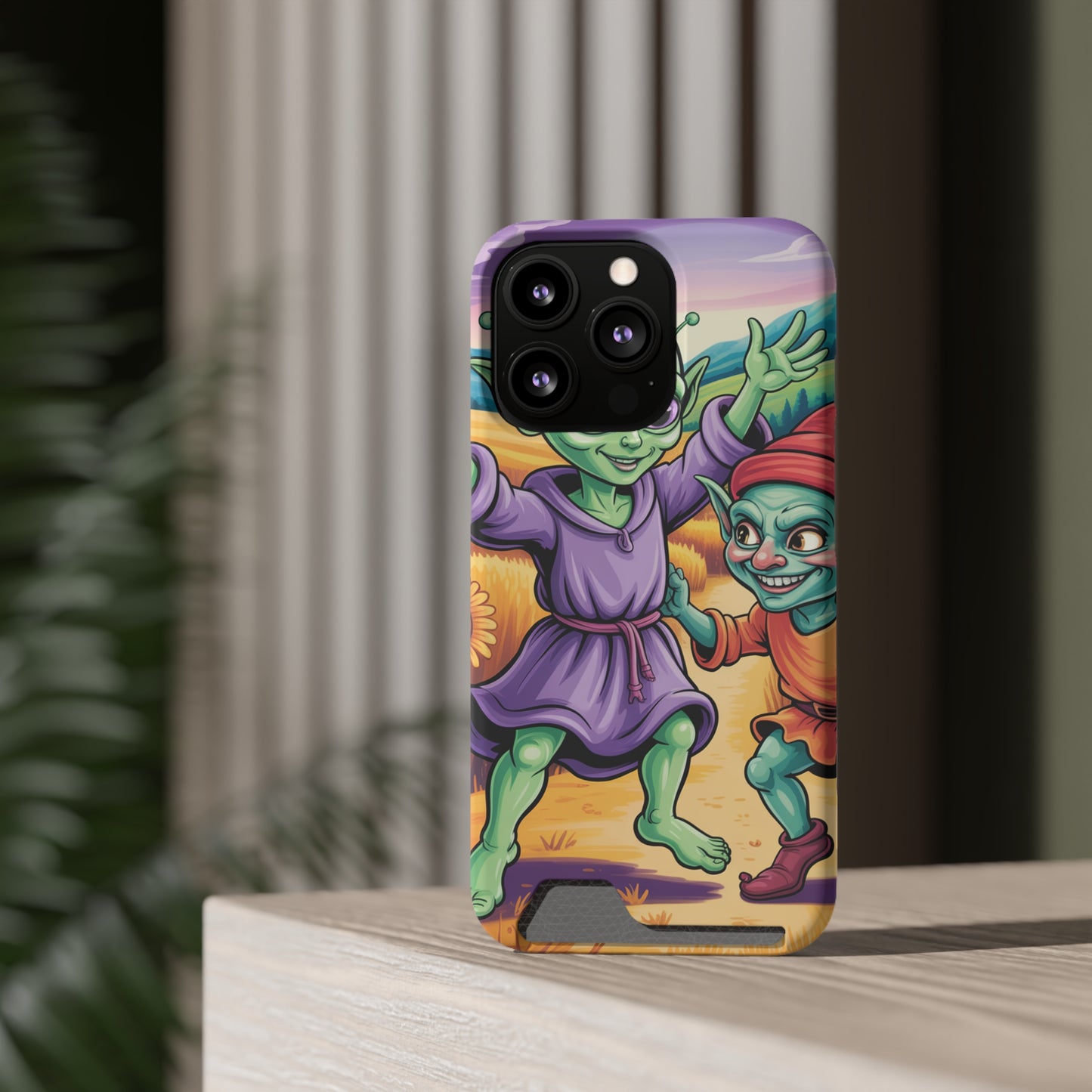 Playful Alien Phone Case with Card Holder | Cute Green Characters | Gift for Kids, Sci-Fi Fanatic, Birthday Fun, Unique Design