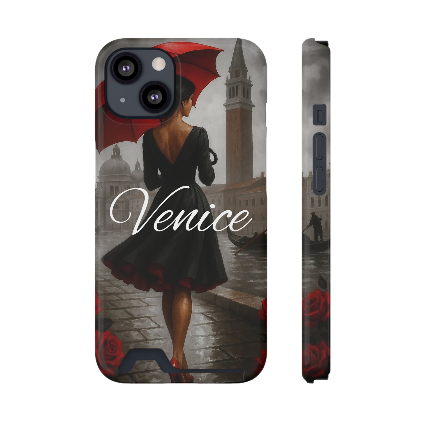 Phone Case With Card Holder, Venice Woman Design, Rainy Day Phone Wallet, Traveler Gift, Italian Art Accessory, Cute Cellphone Cover