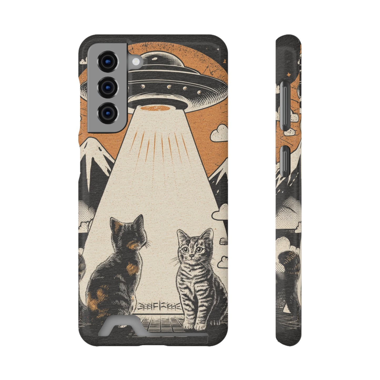 Cat UFO Phone Case with Card Holder, Trendy Cat Lover Gift, Space Theme Accessories, Unique Pet Owner Present, Cute Feline Design