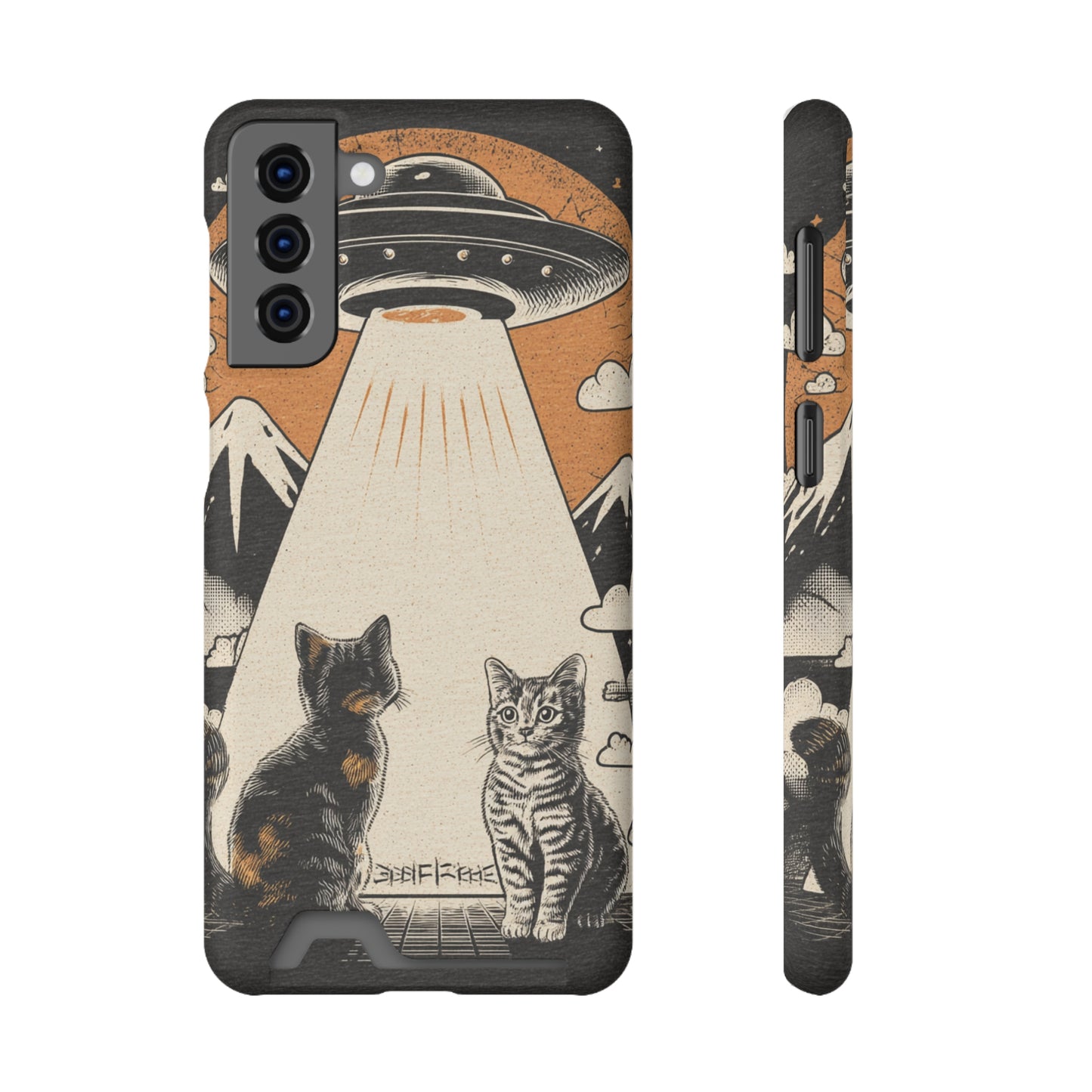 Cat UFO Phone Case with Card Holder, Trendy Cat Lover Gift, Space Theme Accessories, Unique Pet Owner Present, Cute Feline Design