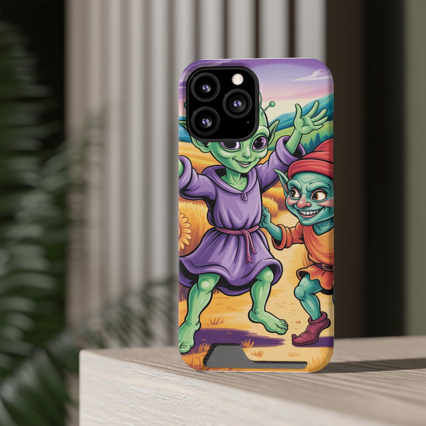 Playful Alien Phone Case with Card Holder | Cute Green Characters | Gift for Kids, Sci-Fi Fanatic, Birthday Fun, Unique Design