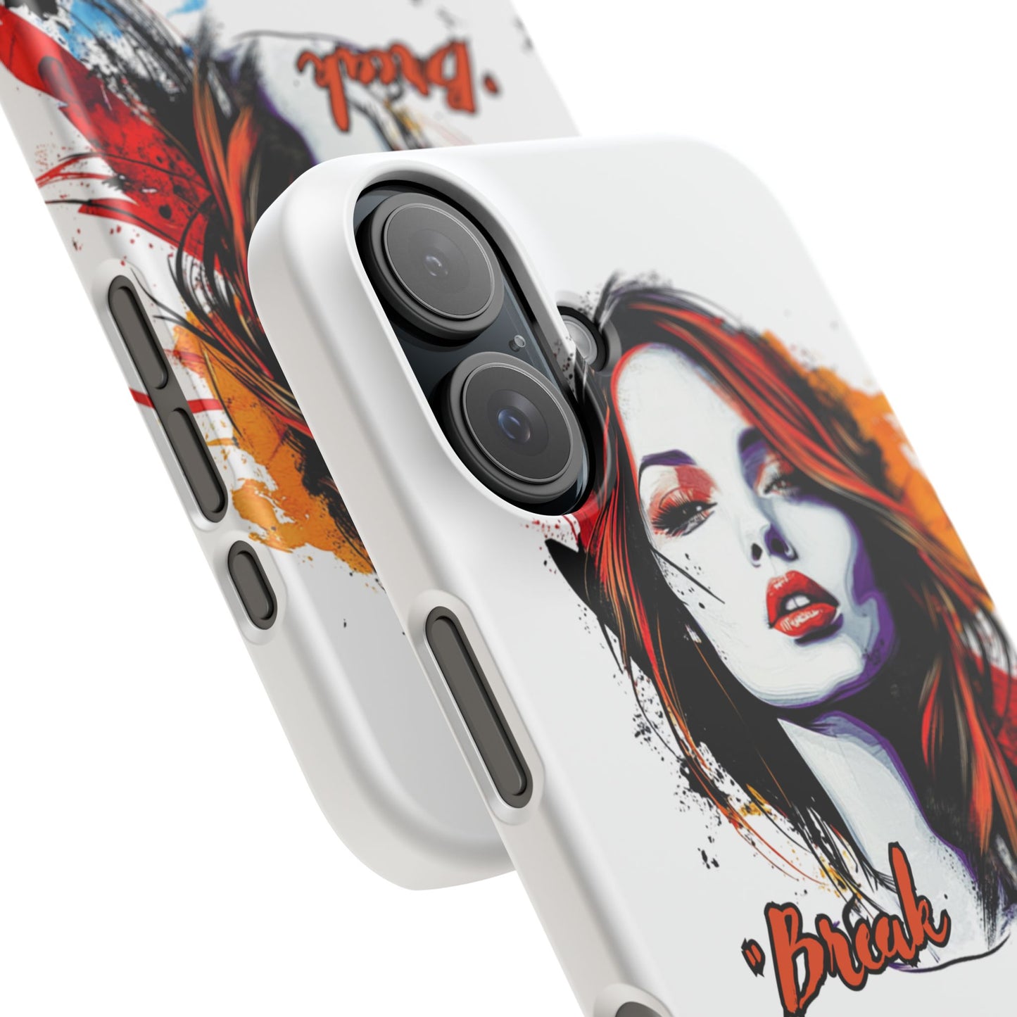 Colorful snap phone case with bold pop art female empowerment graphic design on polycarbonate shell