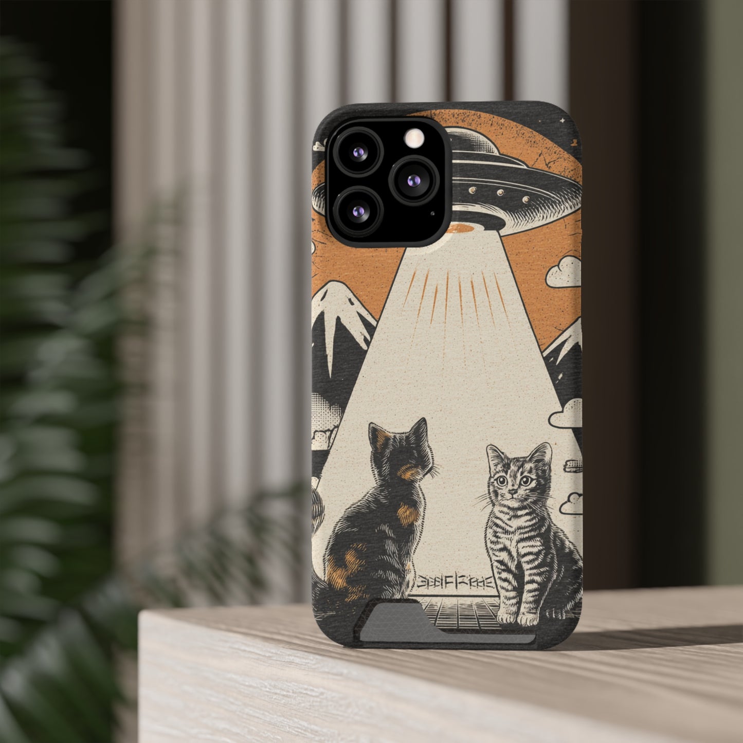Cat UFO Phone Case with Card Holder, Trendy Cat Lover Gift, Space Theme Accessories, Unique Pet Owner Present, Cute Feline Design