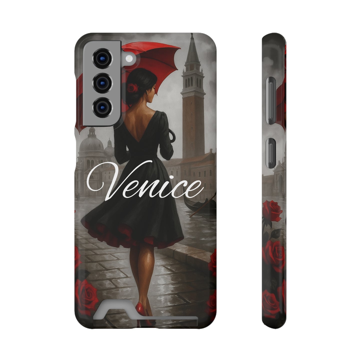 Phone Case With Card Holder, Venice Woman Design, Rainy Day Phone Wallet, Traveler Gift, Italian Art Accessory, Cute Cellphone Cover