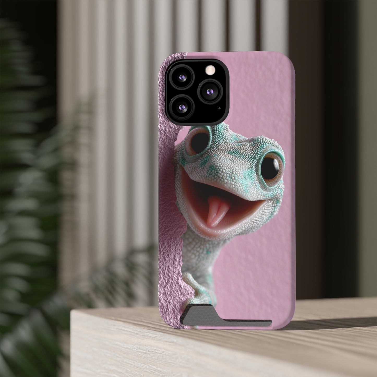 Fun Gecko Phone Case with Card Holder, Cute Cell Phone Accessory, Animal Lover Gift, Party Favor, Unique Phone Cover
