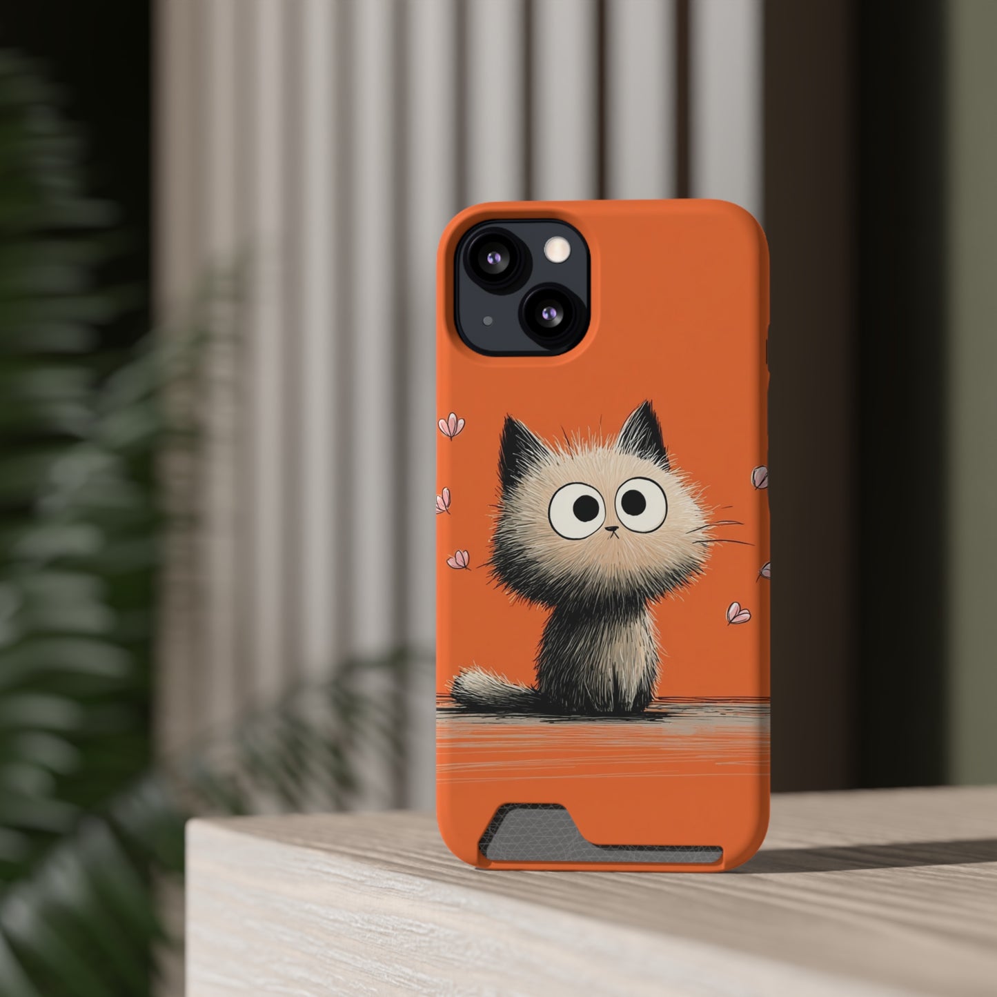 Cute Cat Phone Case with Card Holder, Playful Kitty Design, Pet Lover Gift, Cat Mom Accessory, Fun Birthday Present, Orange Cat Phone Case