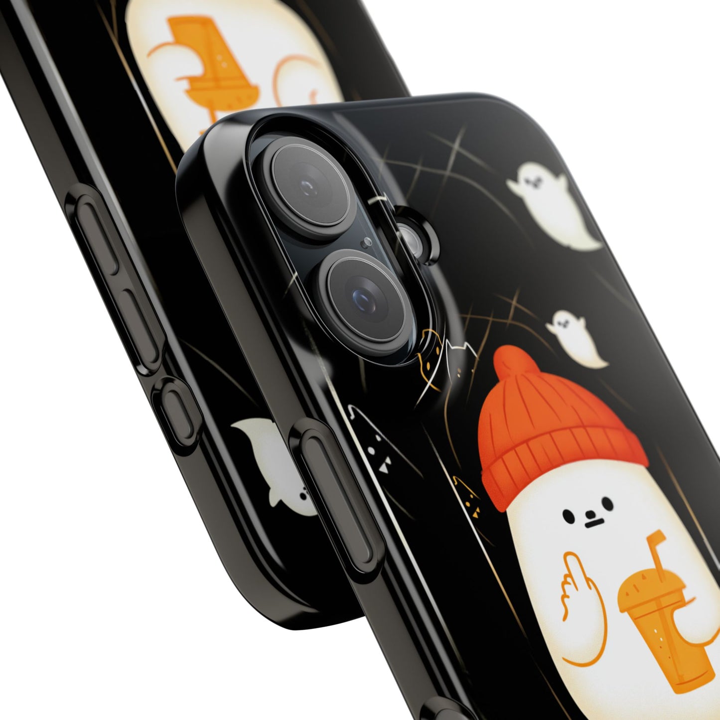Snap phone case featuring a repeating pattern of cute kawaii-style Halloween ghosts in vibrant colors