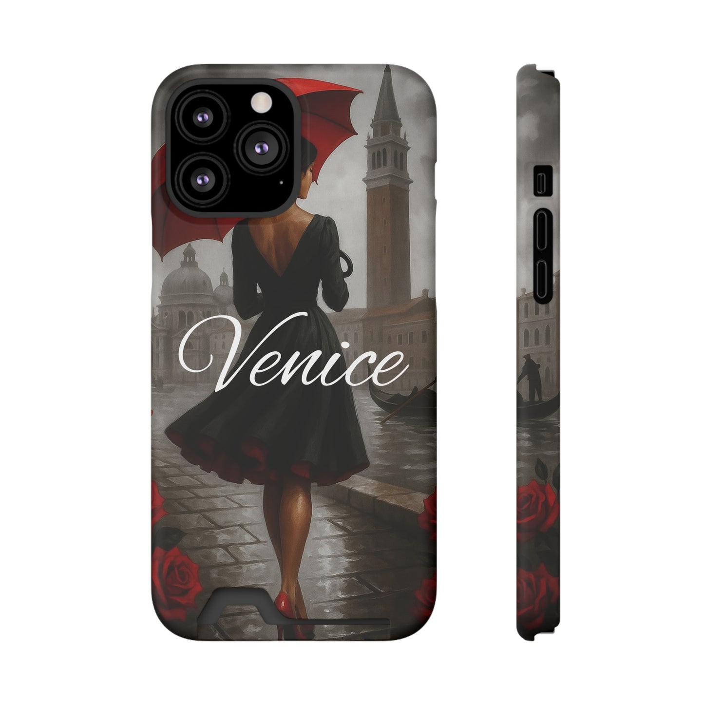 Phone Case With Card Holder, Venice Woman Design, Rainy Day Phone Wallet, Traveler Gift, Italian Art Accessory, Cute Cellphone Cover