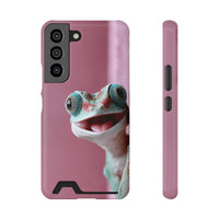 Vibrant gecko design phone case with integrated card holder slot, shown from the back