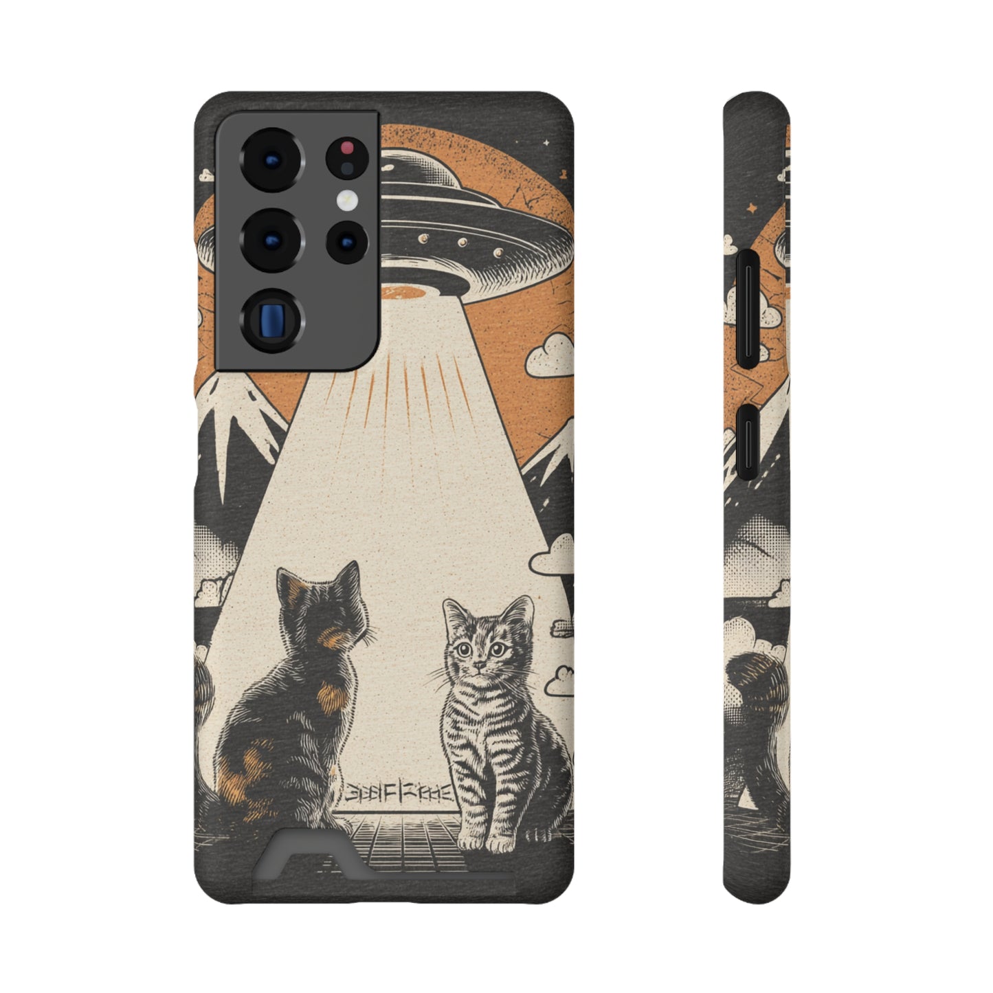 Cat UFO Phone Case with Card Holder, Trendy Cat Lover Gift, Space Theme Accessories, Unique Pet Owner Present, Cute Feline Design