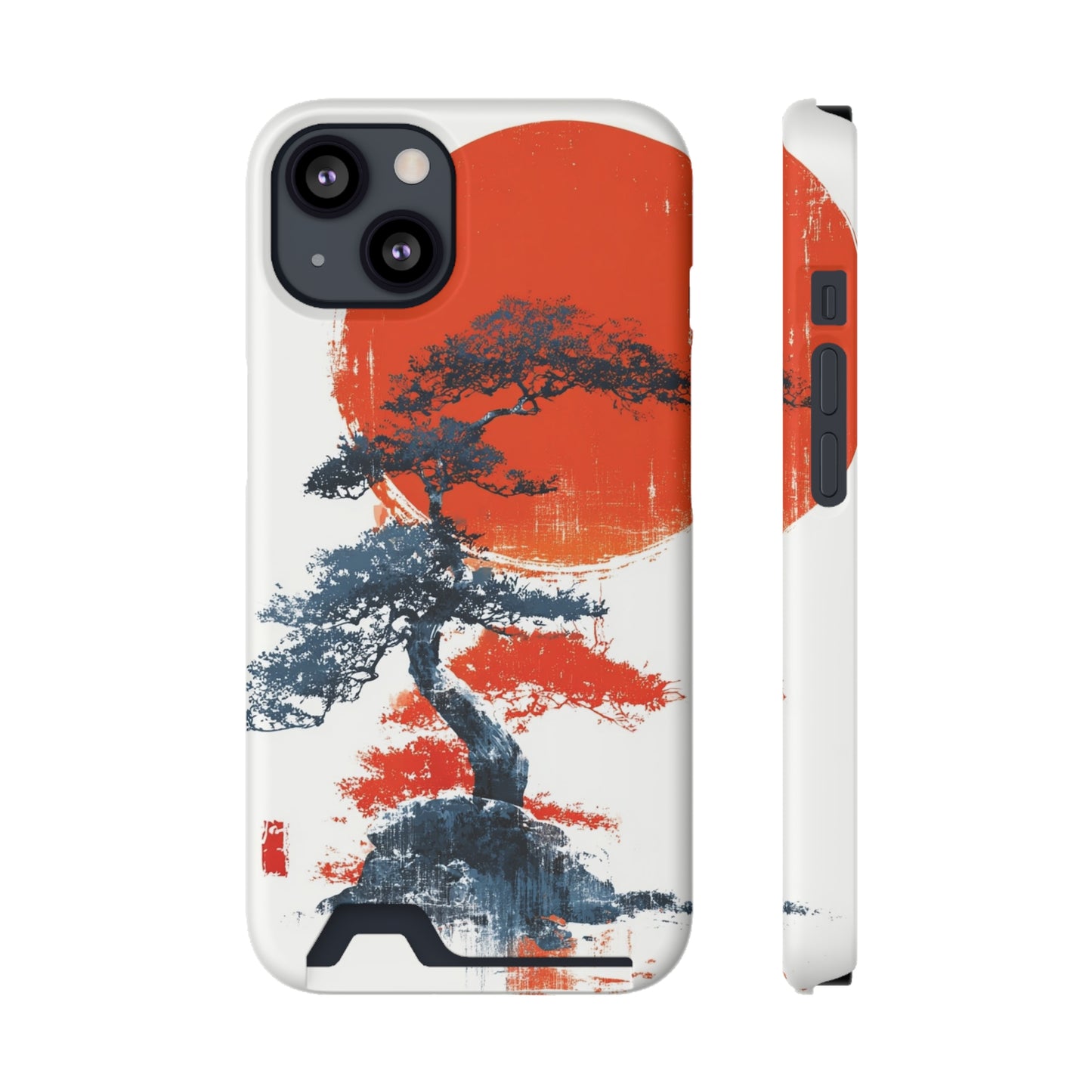 Artistic Phone Case with Card Holder, Japanese Tree Design, Minimalist Style, Perfect Gift for Nature Lovers, Functional Accessory