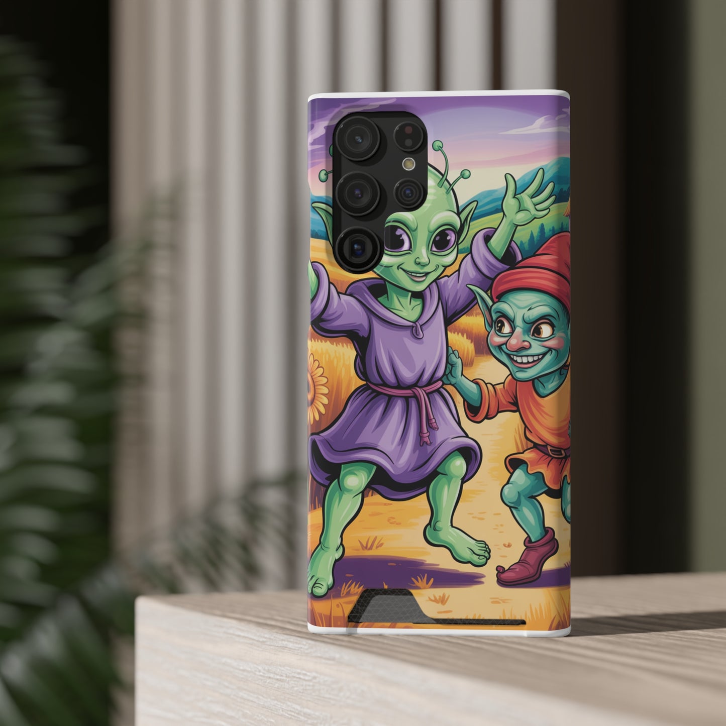 Playful Alien Phone Case with Card Holder | Cute Green Characters | Gift for Kids, Sci-Fi Fanatic, Birthday Fun, Unique Design
