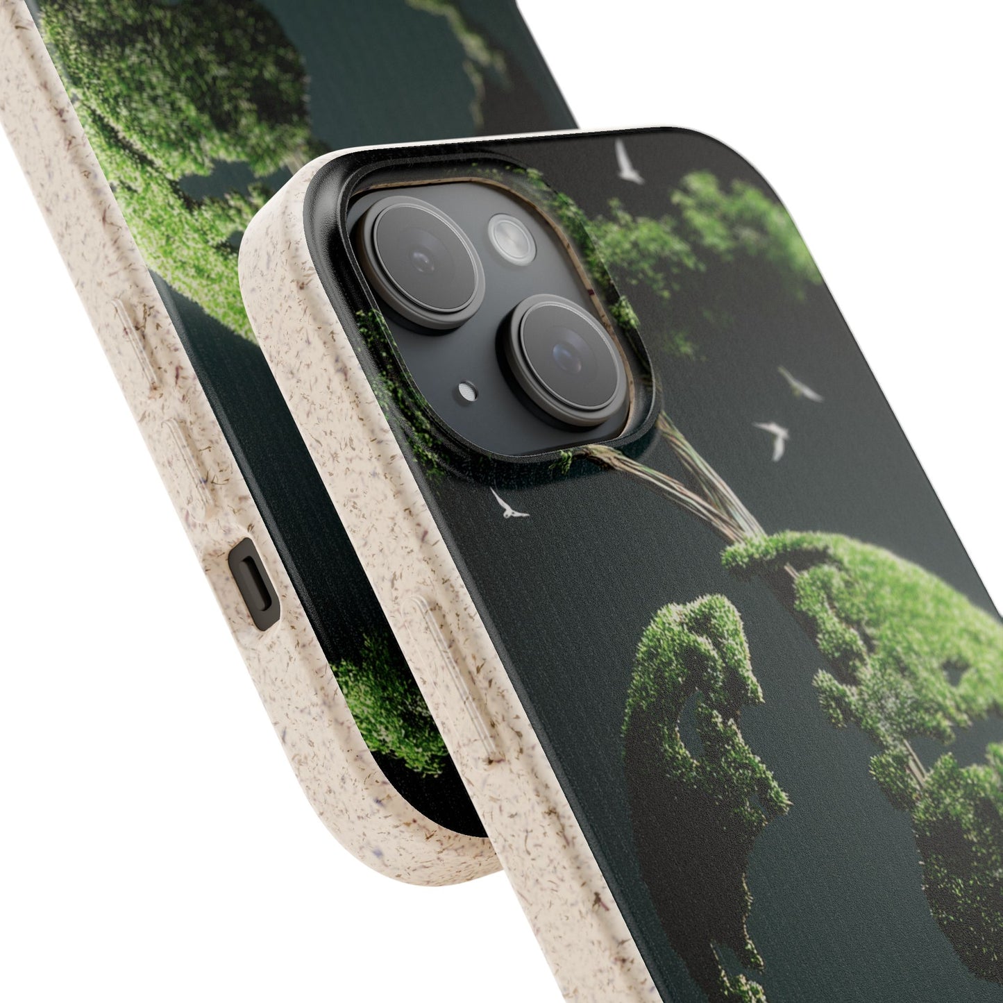Matte biodegradable phone case with intricate green nature and earth-themed design printed on the back