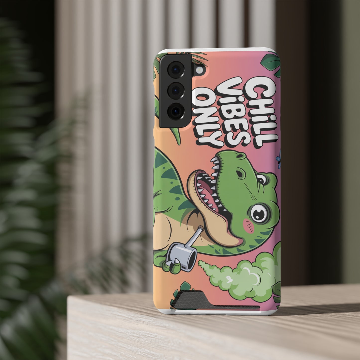 Chill Vibes Phone Case with Card Holder, Fun Dino Design for Teens, Cute Gift, Summer Vibes, Trendy Accessories
