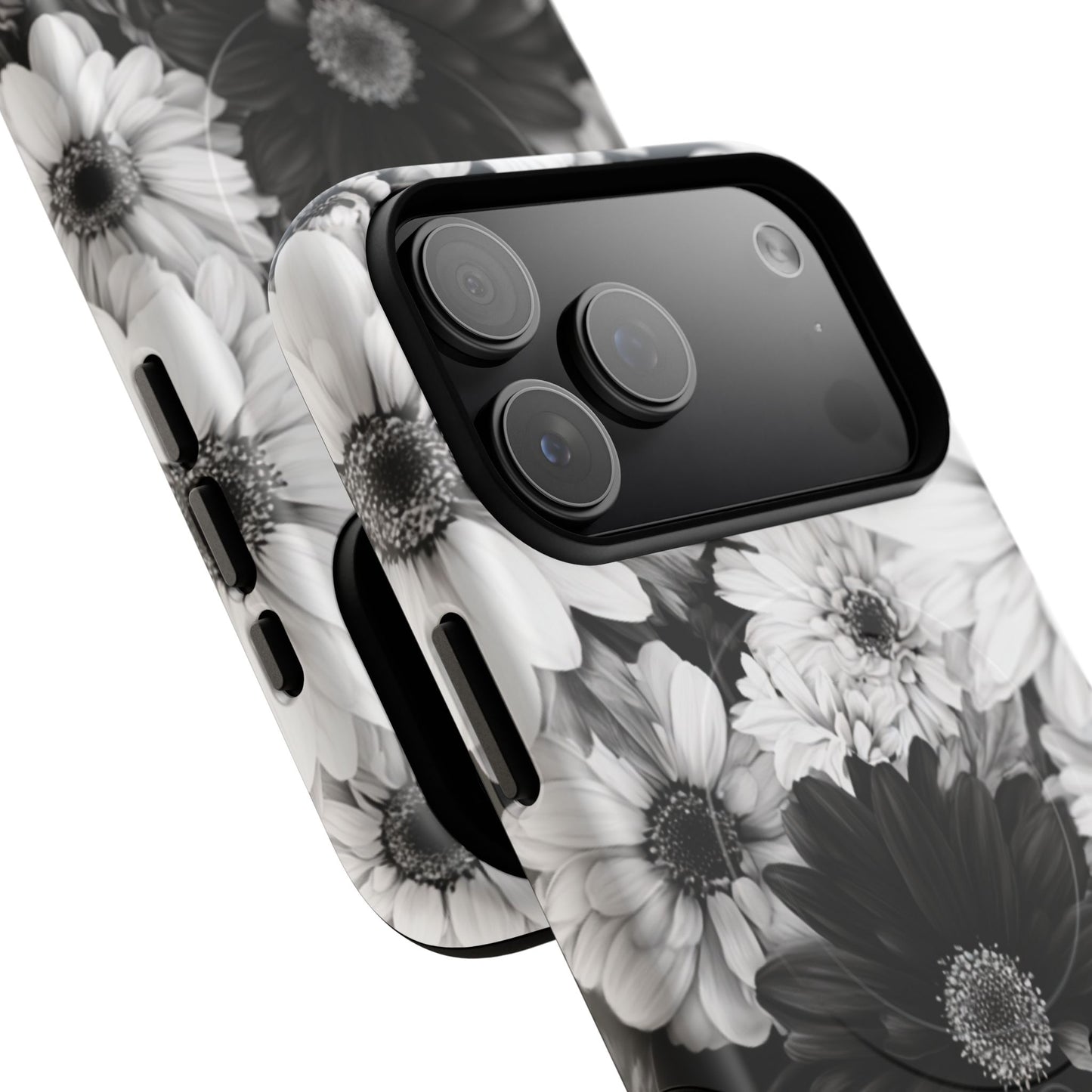 Black & White Floral Tough Magnetic Phone Case — Monochrome Daisy Protection