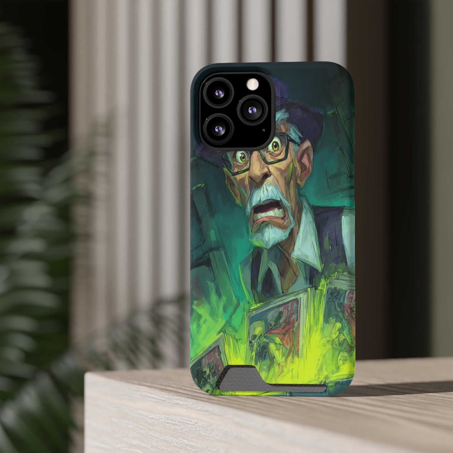 Spooky Illustrated Phone Case with Card Holder, Halloween Accessory, Unique Gift for Horror Fans, Stylish Phone Cover, Functional & Fun