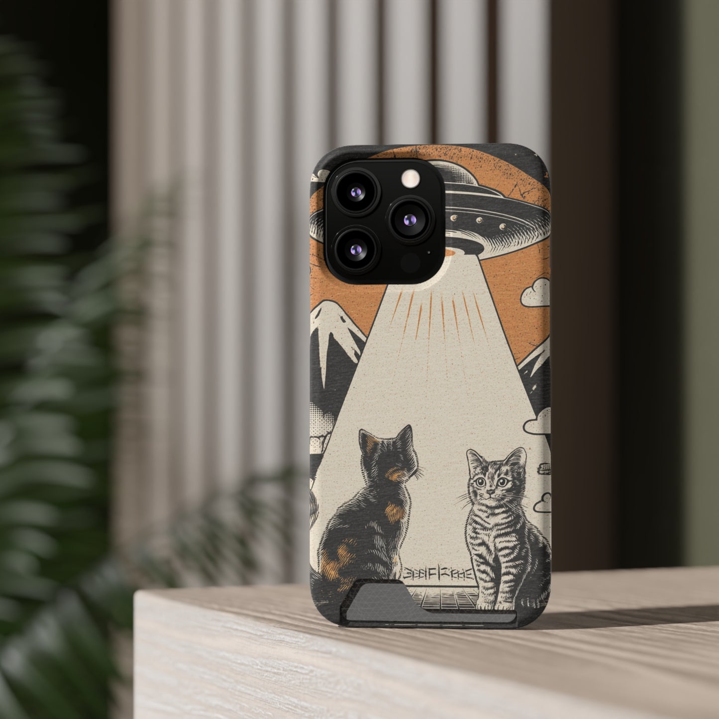 Cat UFO Phone Case with Card Holder, Trendy Cat Lover Gift, Space Theme Accessories, Unique Pet Owner Present, Cute Feline Design