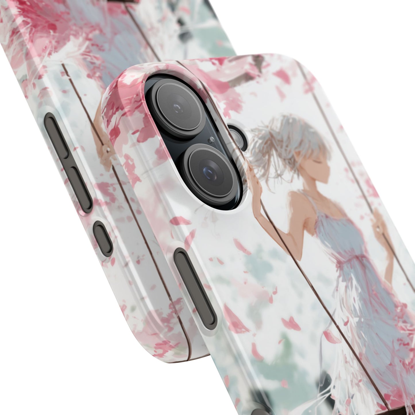 Snap phone case featuring a detailed floral illustration with soft pink and pastel tones in an anime-inspired art style