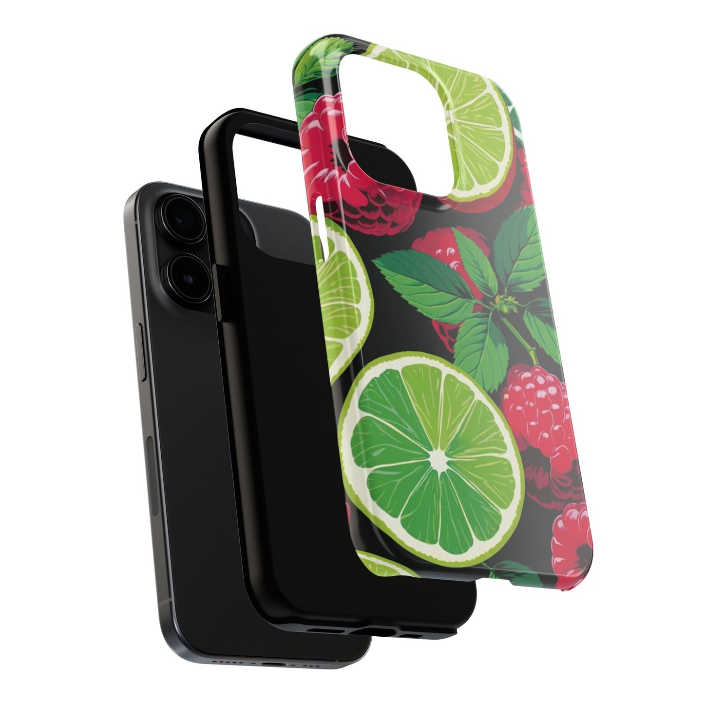Raspberry and lime spring floral print dual-layer tough case for iPhone 17 with glossy UV-protected finish