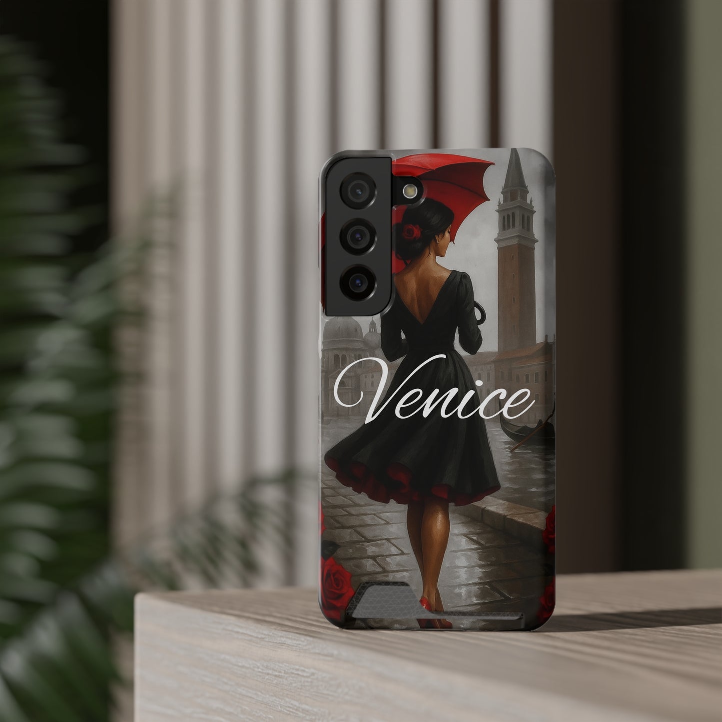 Phone Case With Card Holder, Venice Woman Design, Rainy Day Phone Wallet, Traveler Gift, Italian Art Accessory, Cute Cellphone Cover