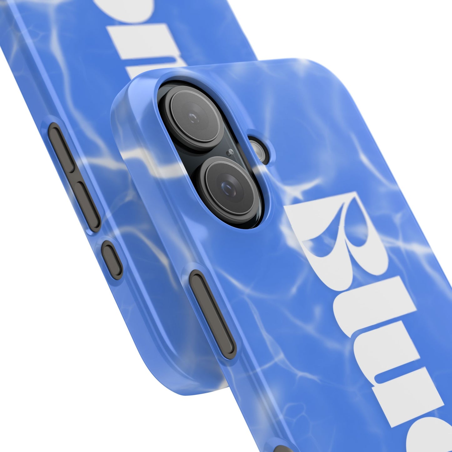 Blue water-pattern snap phone case with aqua wave design, displayed on white surface