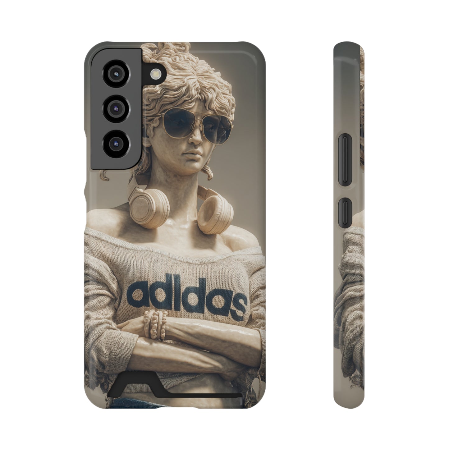 Slim phone case with card slot featuring a modern artistic graphic design in a bold contemporary style