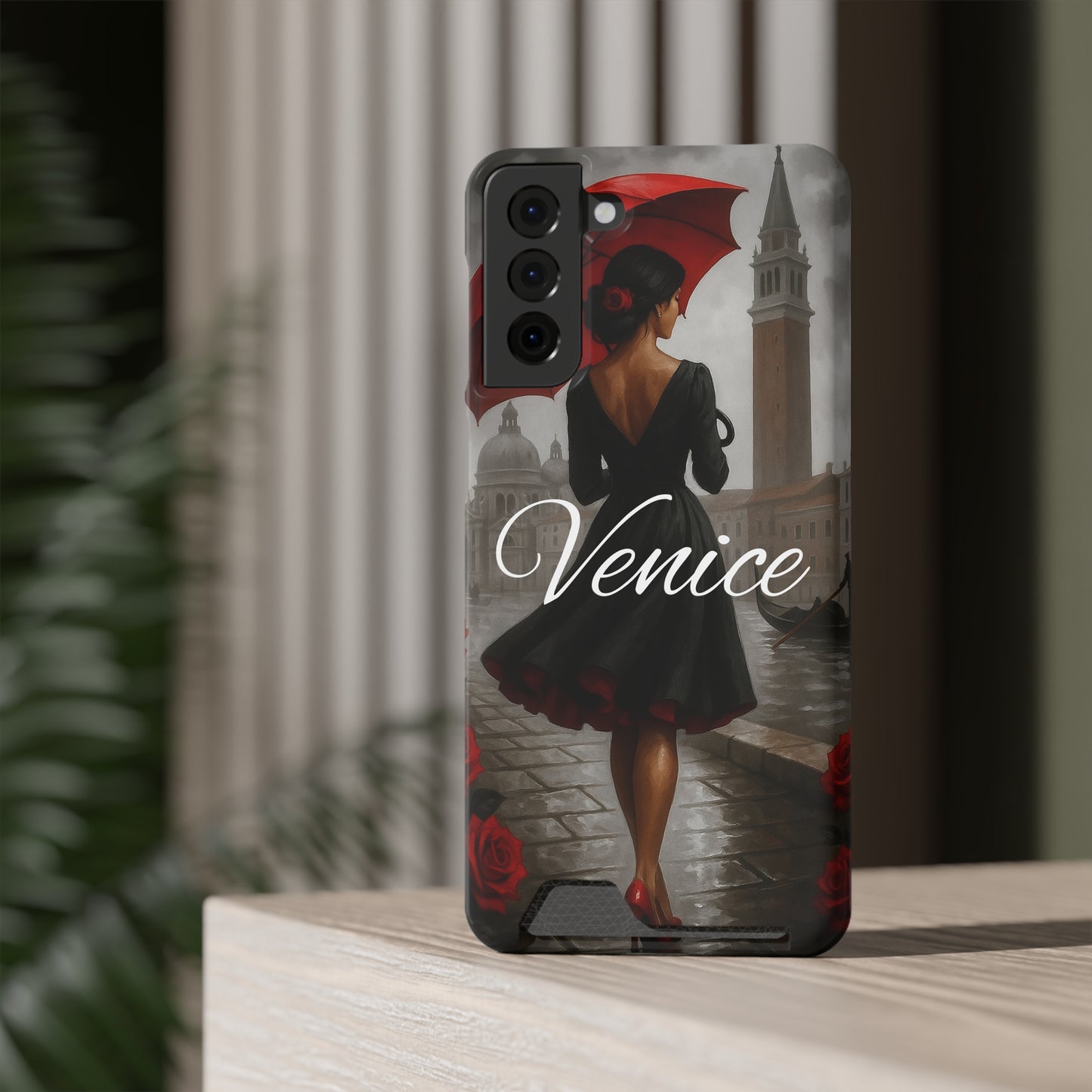 Phone Case With Card Holder, Venice Woman Design, Rainy Day Phone Wallet, Traveler Gift, Italian Art Accessory, Cute Cellphone Cover