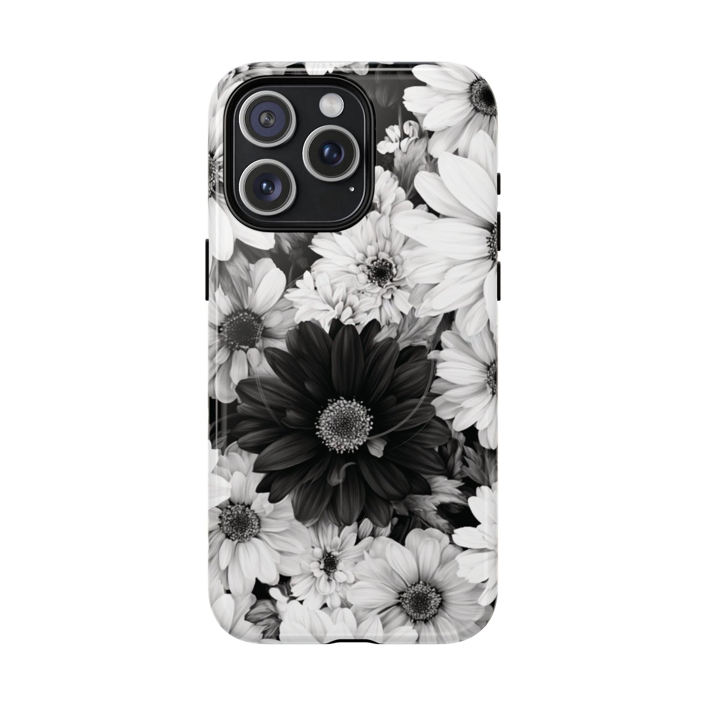 Black & White Floral Tough Magnetic Phone Case — Monochrome Daisy Protection
