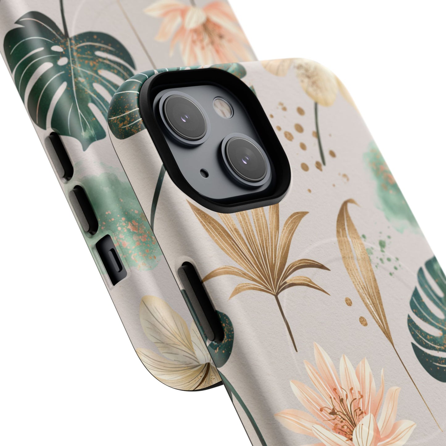 Floral Tropical Tough Magnetic Phone Case — Green Palm & Gold Leaf Design