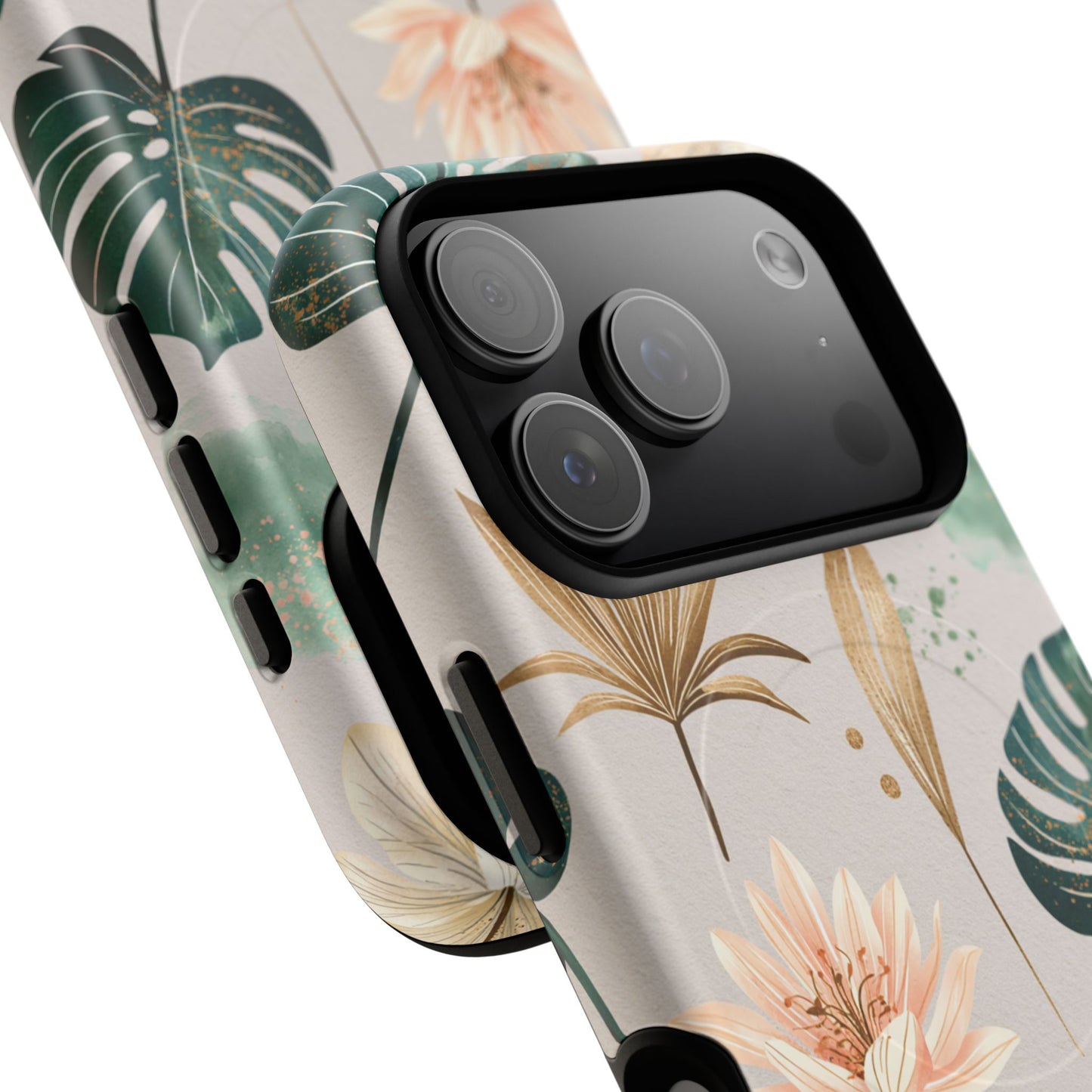 Floral Tropical Tough Magnetic Phone Case — Green Palm & Gold Leaf Design
