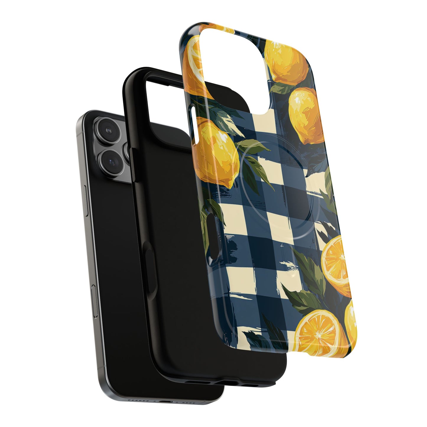 Lemon Check Tough Magnetic Phone Case — Blue Gingham Citrus Design