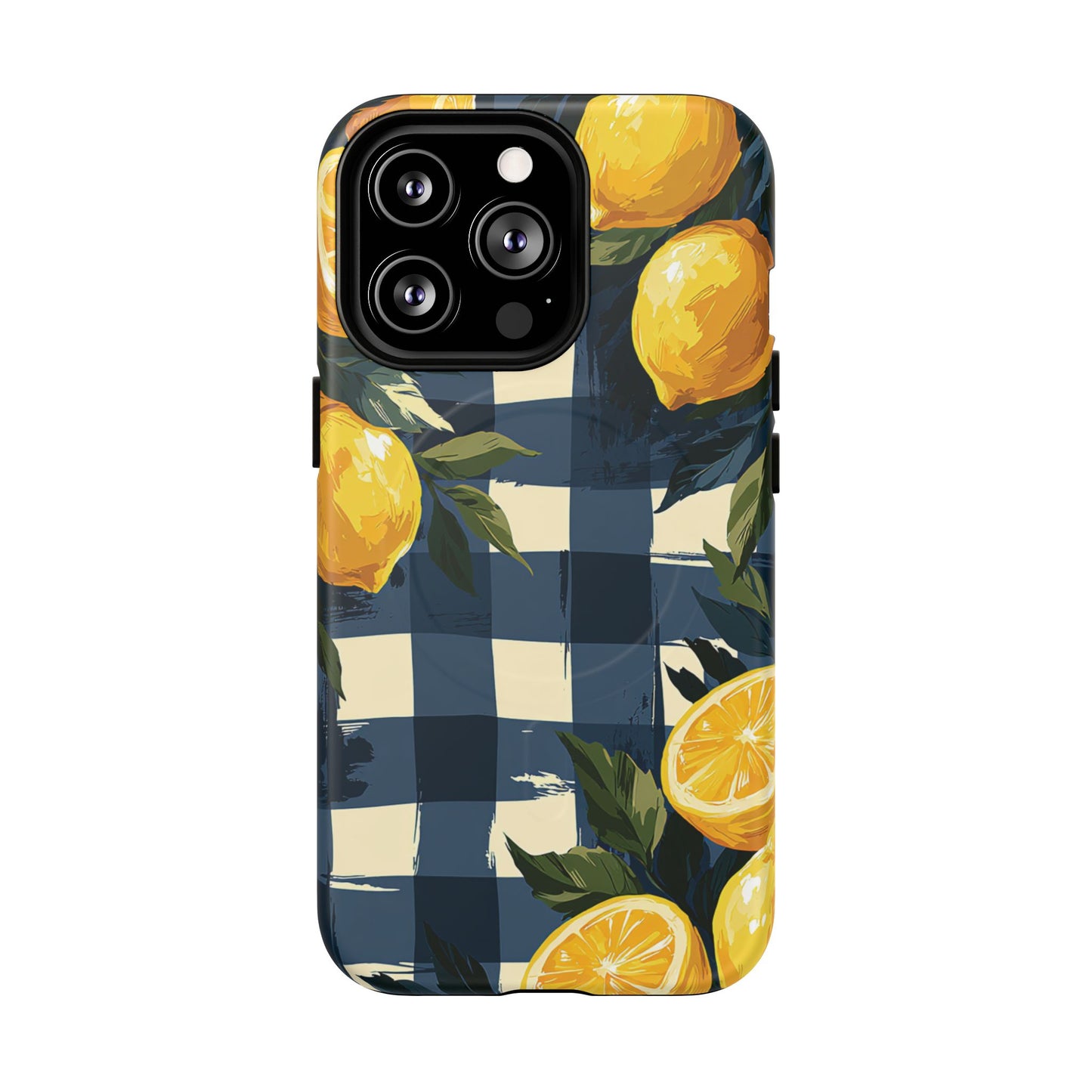 Lemon Check Tough Magnetic Phone Case — Blue Gingham Citrus Design