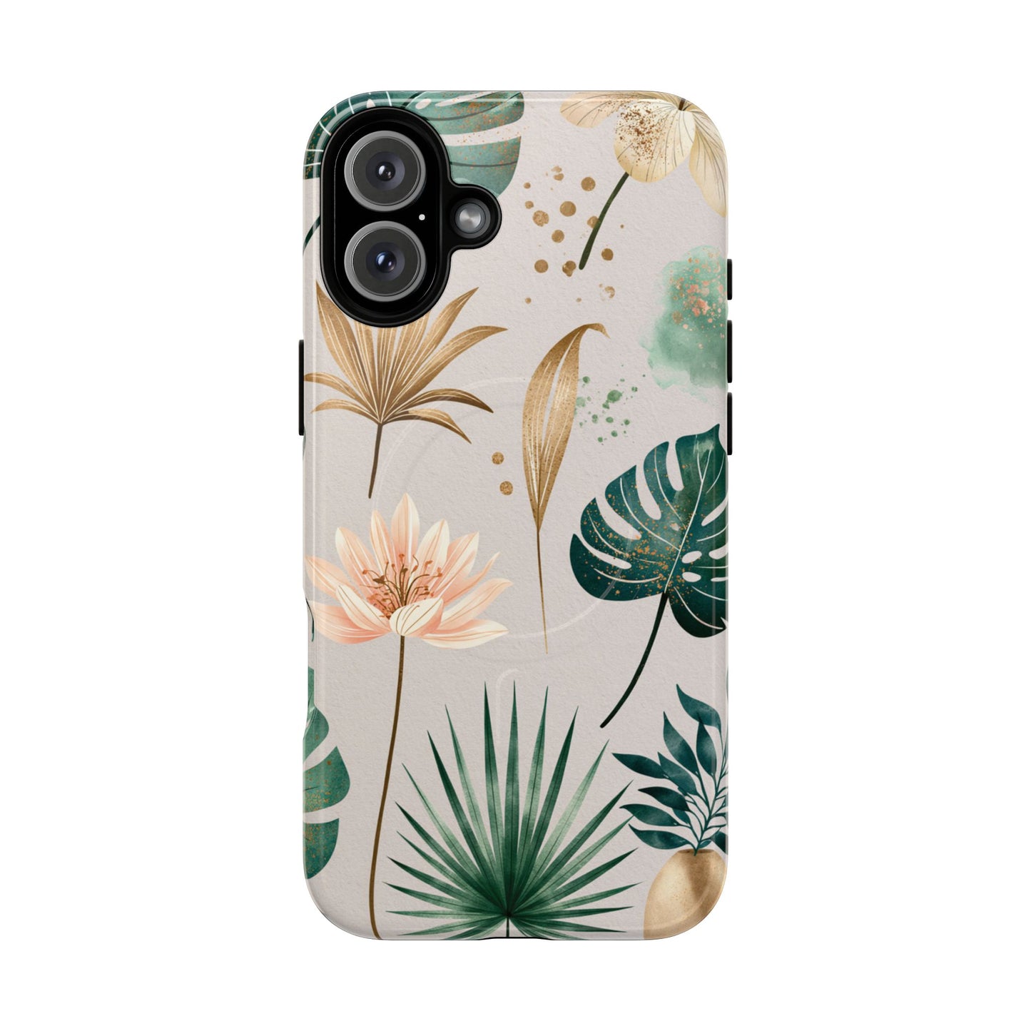 Floral Tropical Tough Magnetic Phone Case — Green Palm & Gold Leaf Design