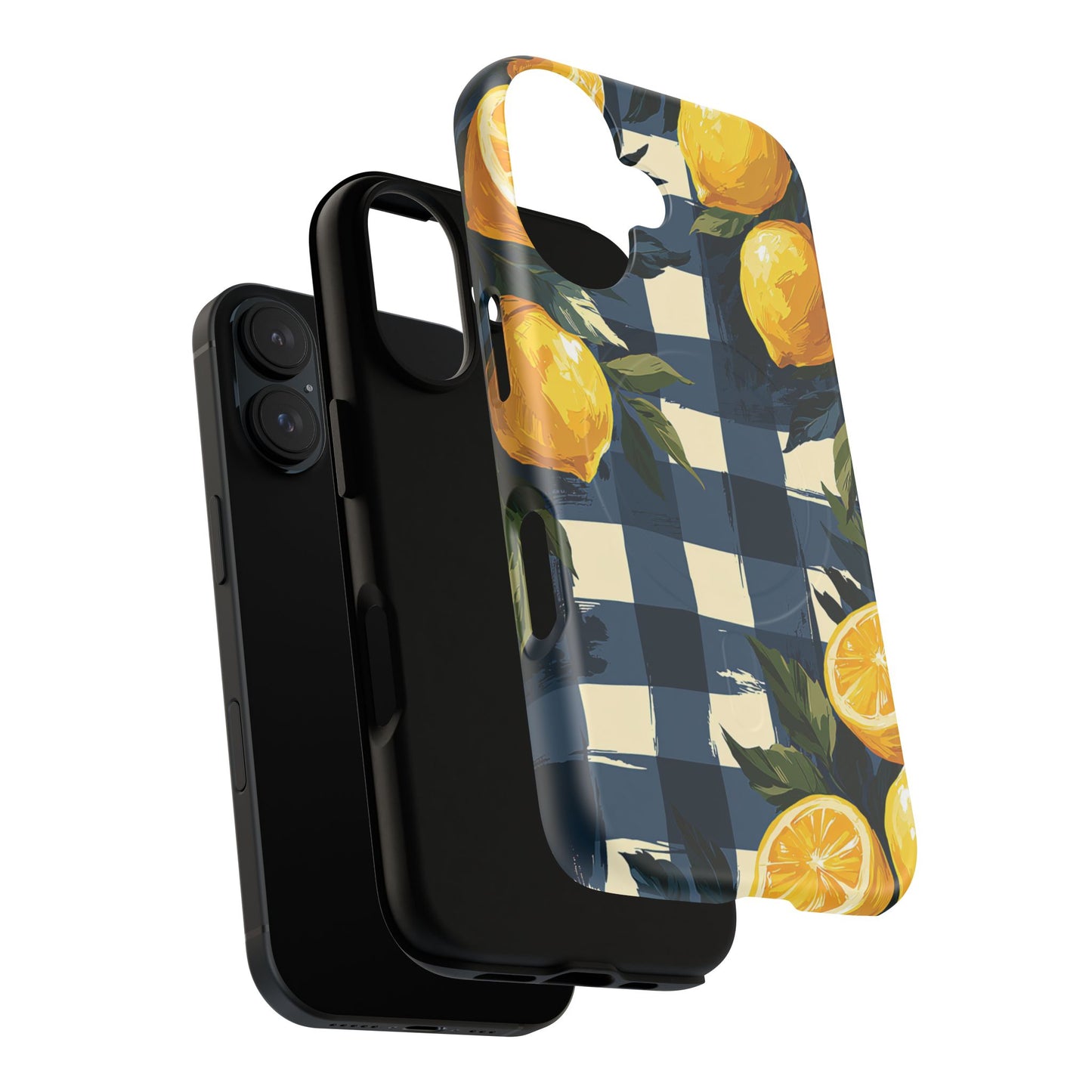 Lemon Check Tough Magnetic Phone Case — Blue Gingham Citrus Design