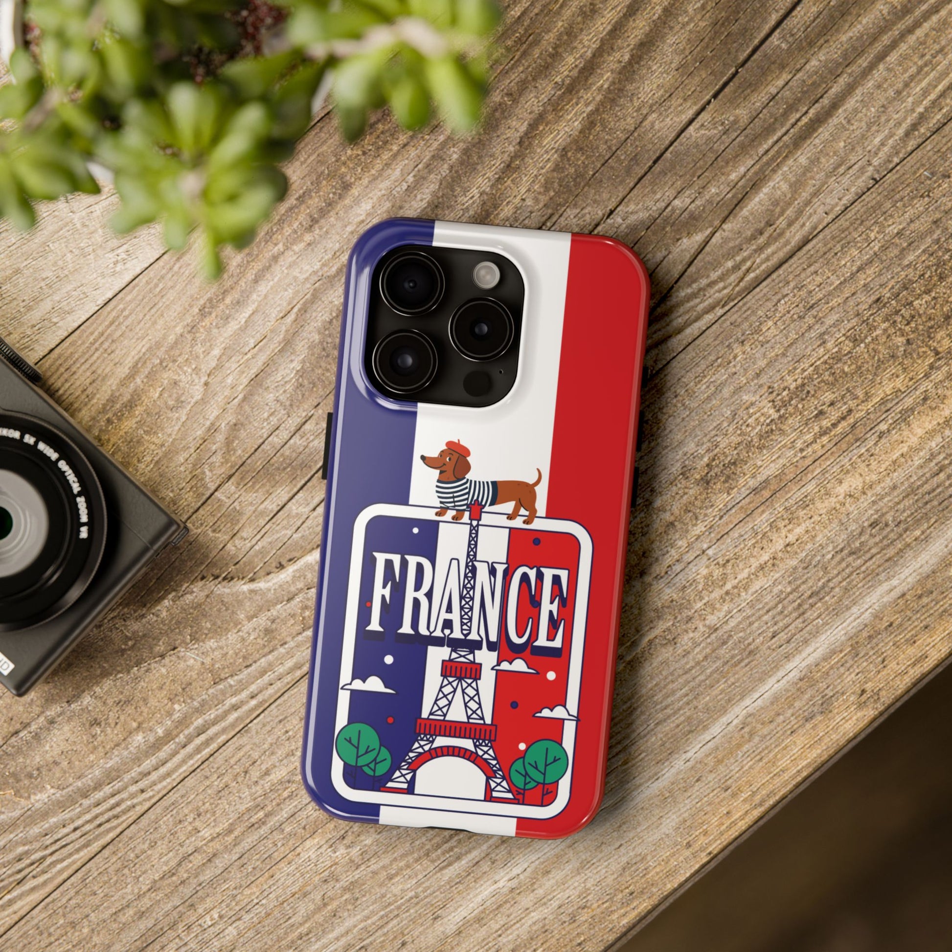 Tough phone case with French tricolor flag dachshund in Breton shirt Eiffel Tower and vintage France sign design