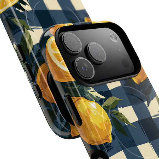 Lemon Check Tough Magnetic Phone Case — Blue Gingham Citrus Design
