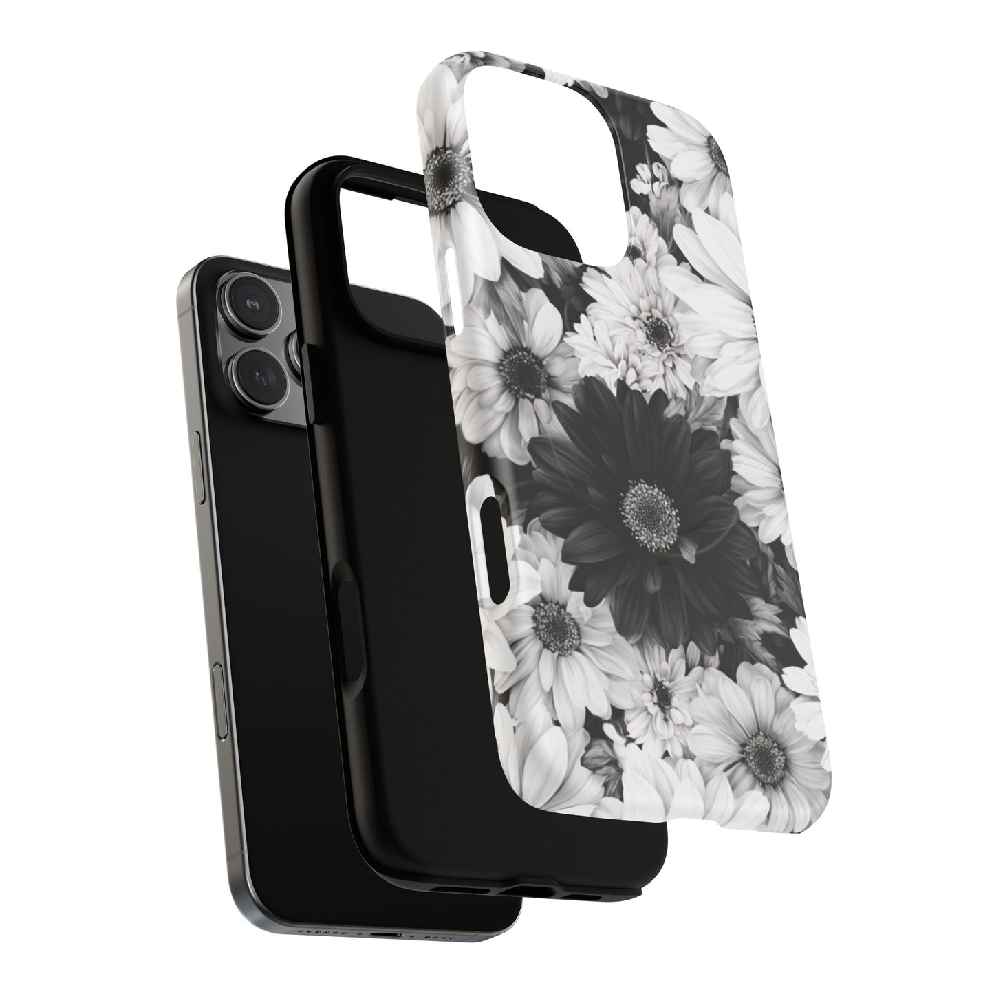 Black & White Floral Tough Magnetic Phone Case — Monochrome Daisy Protection