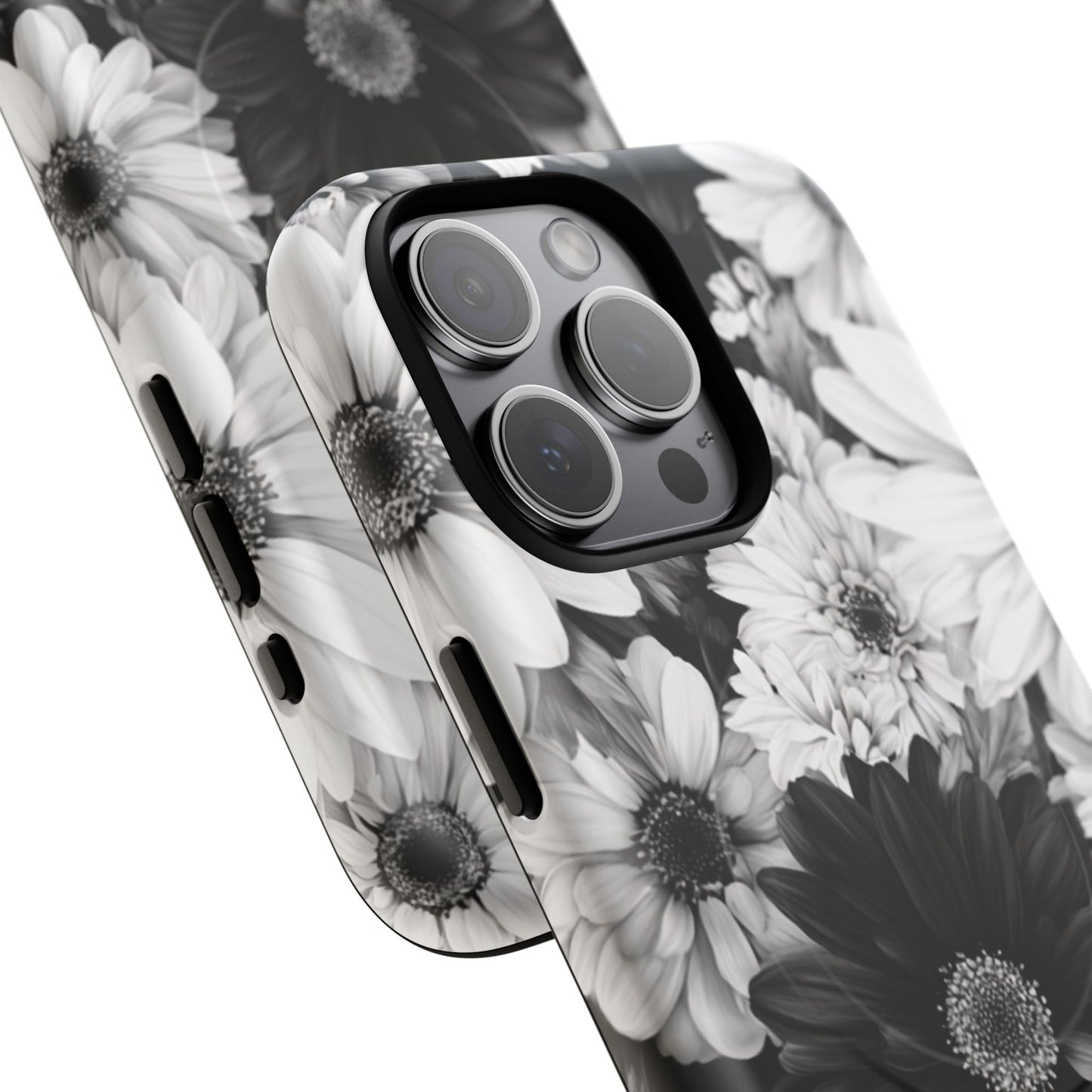 Black & White Floral Tough Magnetic Phone Case — Monochrome Daisy Protection