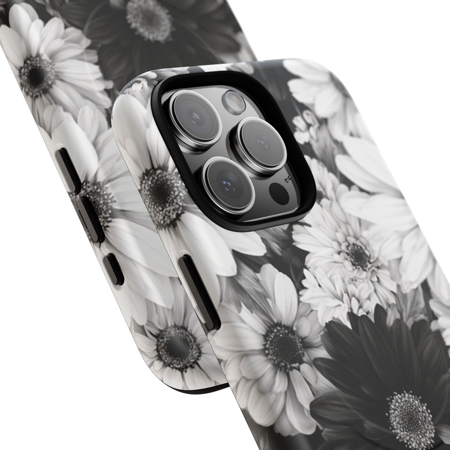 Black & White Floral Tough Magnetic Phone Case — Monochrome Daisy Protection