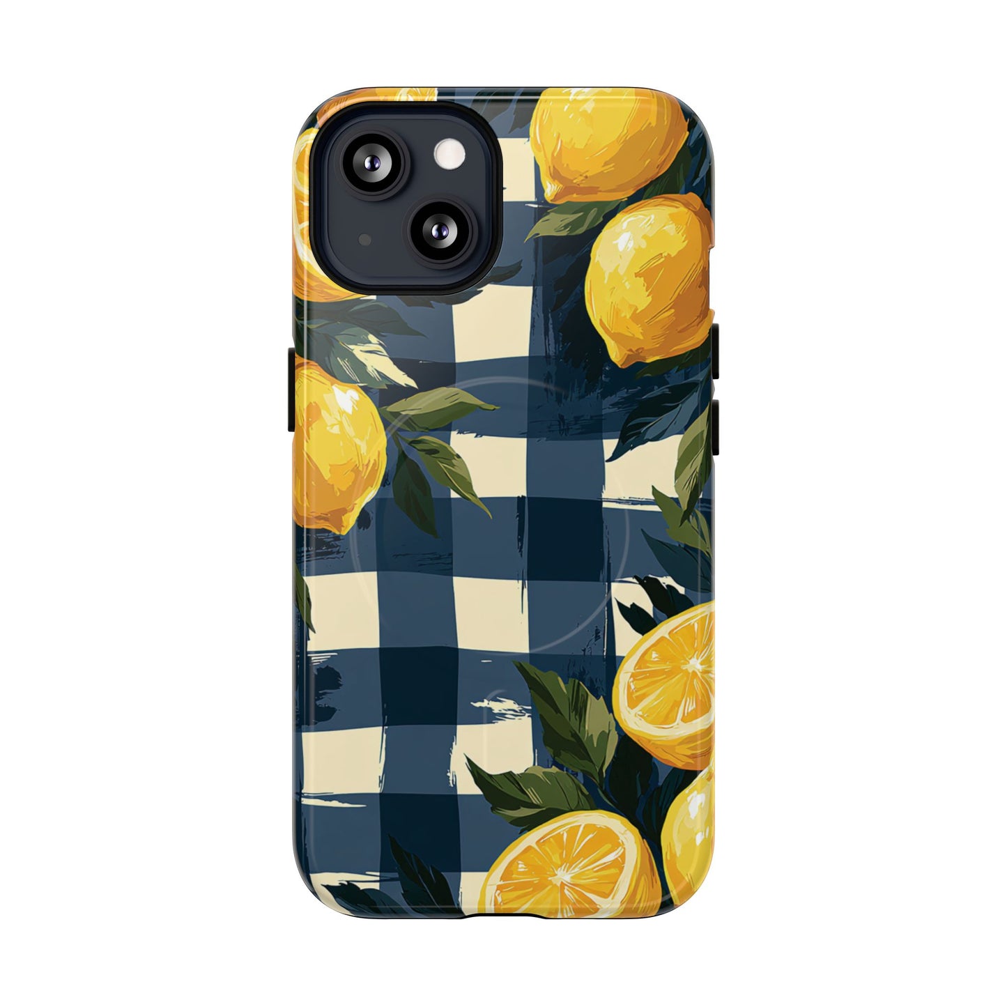 Lemon Check Tough Magnetic Phone Case — Blue Gingham Citrus Design